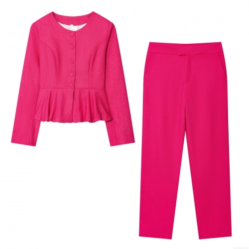 Women Elegant Fuchsia Two Piece Set Round Neck Peplum Short Blazer And High Waist Slim Straight Leg Pants Solid Color Casual Office Suit Streetwear
