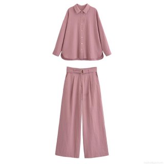 Women's Elegant Two Piece Pants Set 100% Polyester Long Sleeve Lapel Shirt and High Waist Wide Leg Belted Pants Mauve Solid Color Casual Streetwear Outfit for Women