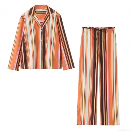 Women's Multi-Color Striped Shirt And Flare Pants Set Polyester Long Sleeve Button Up Lapel Top And Drawstring High Waist Wide Leg Trousers Casual Streetwear Lounge Wear Retro Pajama Style Two Piece Outfit