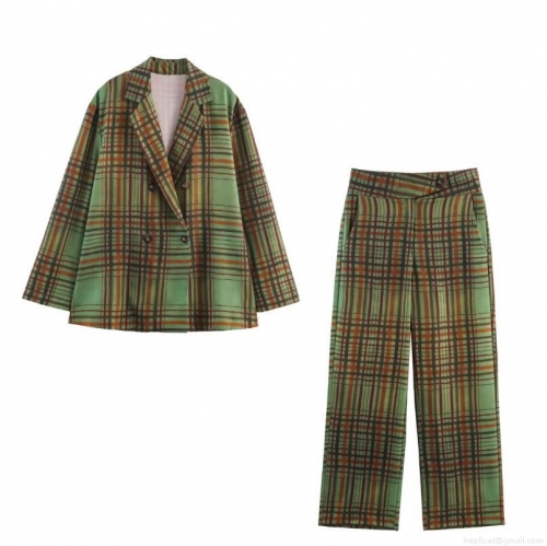 Women's Plaid Blazer Suit Set Double Breasted Suit Jacket and Flared Pants 2 Piece Outfits Vintage British Style Plaid Set for Office Lady Streetwear