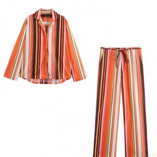 Women's Casual Multicolor Striped Pajama Style 2 Piece Set Long Sleeve Button Down Shirt And High Waist Flare Pants Set Streetwear Outfit