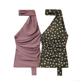 Women's 2 Piece Polka Dot Halter Top And Flare Pants Set Casual Satin Ruched High Waist Trouser Outfits For Summer Vacation Streetwear