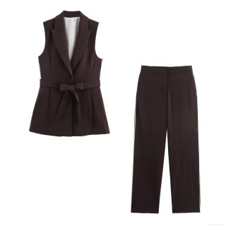 Women's Fashion 2 Piece Suit Set Sleeveless Lapel Waist Tie Vest and Side Stripe Straight Leg Pants Workwear Office Lady Streetwear Dark Brown Polyester Casual Outfit