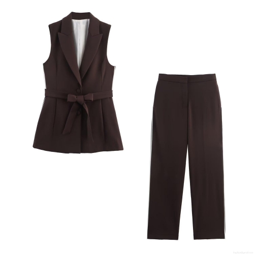 Women's Fashion 2 Piece Suit Set Sleeveless Lapel Waist Tie Vest and Side Stripe Straight Leg Pants Workwear Office Lady Streetwear Dark Brown Polyester Casual Outfit