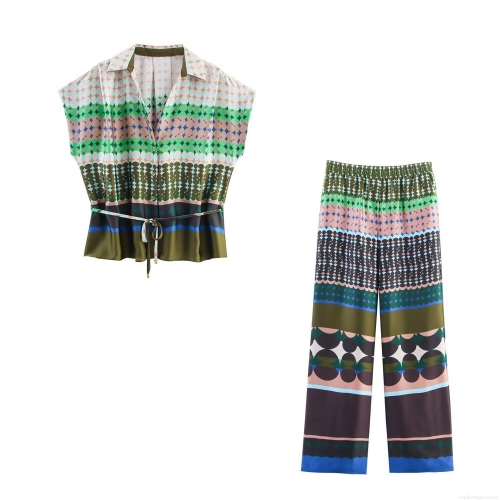 Women Geometric Print Satin Shirt And Wide Leg Pants Two Piece Set Elegant Casual Short Sleeve Button Down Top Loose Trousers Streetwear Outfits