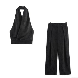 Women's Two Piece Pants Set Sexy Halter Backless Jacquard Floral Top and High Waisted Wide Leg Pants Polyester Casual Streetwear Outfits