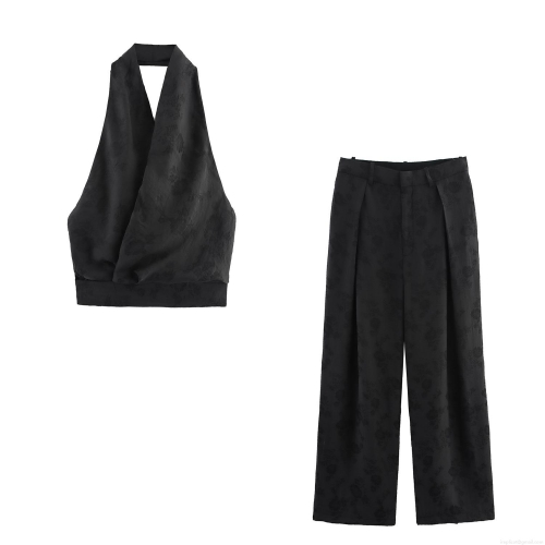 Women's Two Piece Pants Set Sexy Halter Backless Jacquard Floral Top and High Waisted Wide Leg Pants Polyester Casual Streetwear Outfits