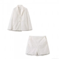 Women White Hollow Out Floral Embroidery Set Notched Lapel Blazer Scalloped Shorts Cotton Polyester Blend Elegant Suit Summer Casual Chic Outfit