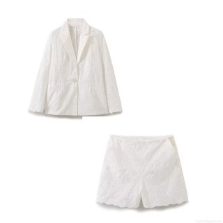 Women White Hollow Out Floral Embroidery Set Notched Lapel Blazer Scalloped Shorts Cotton Polyester Blend Elegant Suit Summer Casual Chic Outfit