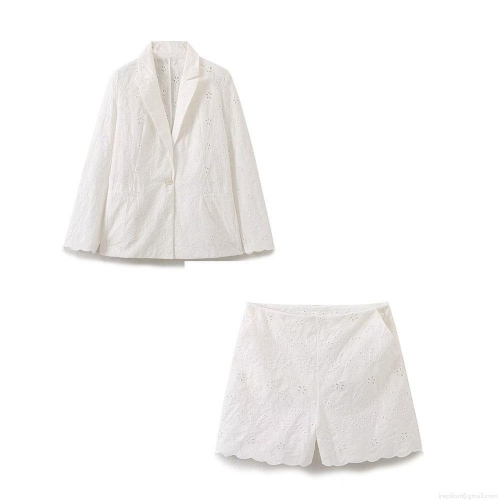 Women White Hollow Out Floral Embroidery Set Notched Lapel Blazer Scalloped Shorts Cotton Polyester Blend Elegant Suit Summer Casual Chic Outfit