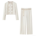 Women's Elegant 2 Piece Pant Sets Cream White Round Neck Short Double Breasted Blazer Jacket with Golden Chain Belt and Wide Leg Trousers Suit