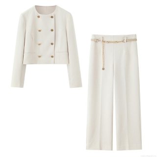 Women's Elegant 2 Piece Pant Sets Cream White Round Neck Short Double Breasted Blazer Jacket with Golden Chain Belt and Wide Leg Trousers Suit