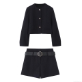 Women Fashion Casual Two Piece Suit Set Polyester Short Blazer Jacket And High Waist Shorts With Belt Solid Color Golden Buttons Elegant Streetwear Outfit For Ladies