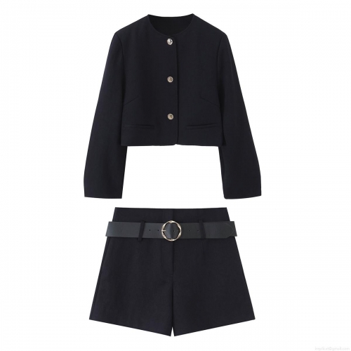 Women Fashion Casual Two Piece Suit Set Polyester Short Blazer Jacket And High Waist Shorts With Belt Solid Color Golden Buttons Elegant Streetwear Outfit For Ladies