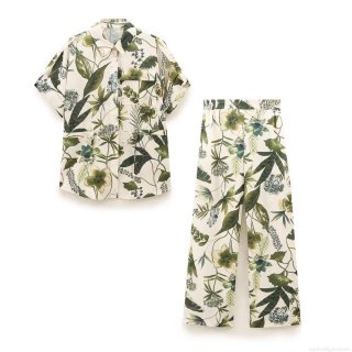 Women's Tropical Floral Print Two Piece Set Short Sleeve Lapel Button Up Shirt And High Waisted Wide Leg Pants Vacation Casual Outfits 100% Polyester Comfortable Beachwear