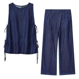 Women's Dark Blue Denim Two-Piece Set Sleeveless Round Neck Side Bow Tie-Up Vest Top And High Waist Wide Leg Long Pants Casual Streetwear Fashion Outfit