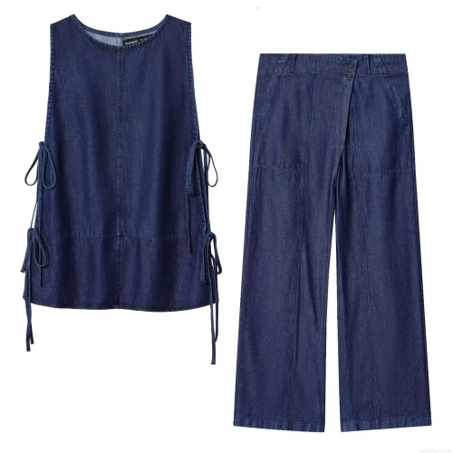 Women's Dark Blue Denim Two-Piece Set Sleeveless Round Neck Side Bow Tie-Up Vest Top And High Waist Wide Leg Long Pants Casual Streetwear Fashion Outfit