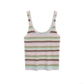 Women Fashion Multicolor Horizontal Stripe Knit Co-ords Set Sleeveless Round Neck Vest And High Waist Wide Leg Pants Polyester Streetwear Casual Outfit