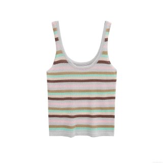 Women Fashion Multicolor Horizontal Stripe Knit Co-ords Set Sleeveless Round Neck Vest And High Waist Wide Leg Pants Polyester Streetwear Casual Outfit
