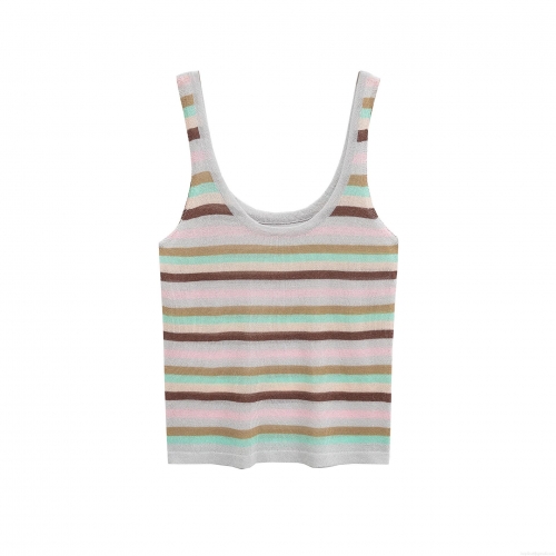 Women Fashion Multicolor Horizontal Stripe Knit Co-ords Set Sleeveless Round Neck Vest And High Waist Wide Leg Pants Polyester Streetwear Casual Outfit