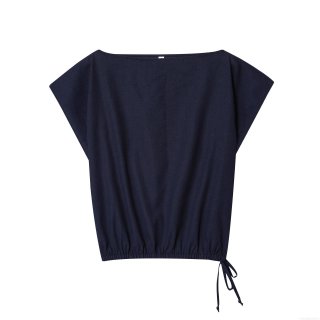 Women's Casual Two Piece Set Cotton Linen Texture Off Shoulder Tie Waist Short Sleeve Top and High Waist Balloon Wide Leg Pants Solid Navy Blue Streetwear Outfit
