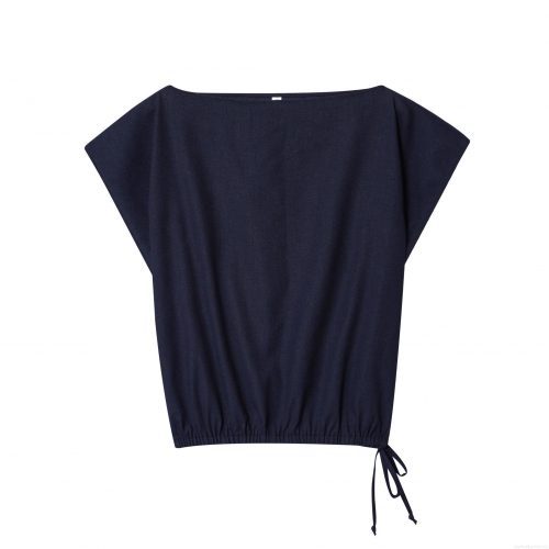 Women's Casual Two Piece Set Cotton Linen Texture Off Shoulder Tie Waist Short Sleeve Top and High Waist Balloon Wide Leg Pants Solid Navy Blue Streetwear Outfit