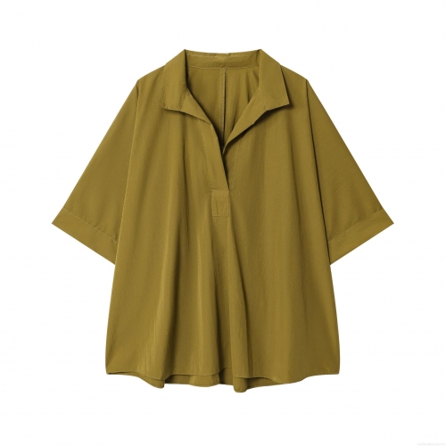 Women's Casual 2 Piece Lounge Set Solid Color Short Sleeve V Neck Lapel Shirt and Elastic High Waist Wide Leg Pants Polyester Loose Outfit for Women