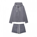 Women's Casual 2 Piece Set 100% Polyester Hooded Short Jacket and Cargo Skirt-pants Utility Streetwear Outfit with Drawstrings Dark Grey