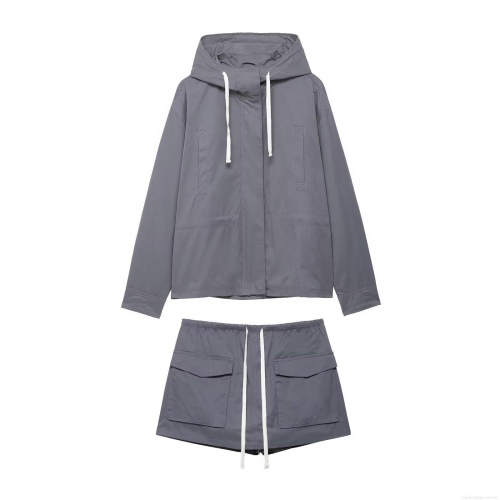 Women's Casual 2 Piece Set 100% Polyester Hooded Short Jacket and Cargo Skirt-pants Utility Streetwear Outfit with Drawstrings Dark Grey