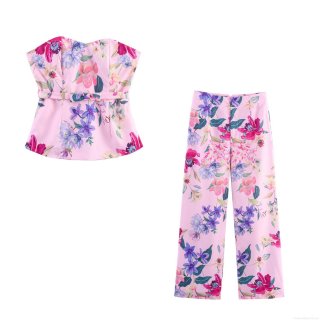 Women Fashion Floral Print Tube Top and Wide Leg Pants Set Polyester Strapless Corset Top with Bow and High Waist Long Trousers for Daily Vacation