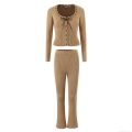 Women's Ribbed Knitted Two-Piece Set Long Sleeve Cardigan With Bow And High Waist Flared Pants Casual Streetwear Camel Knitwear Outfit