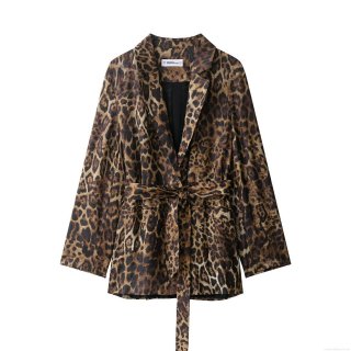 Women Leopard Print 2 Piece Suit Set Notched Lapel Belted Blazer Jacket And Straight Leg Pants Polyester Jacquard Animal Pattern Outfits Streetwear Autumn Fashion