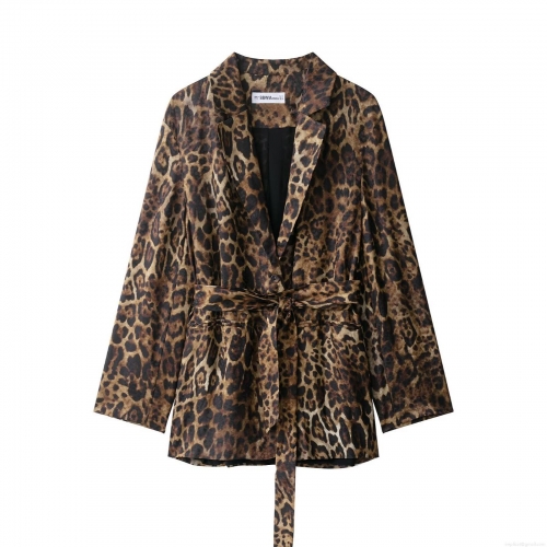 Women Leopard Print 2 Piece Suit Set Notched Lapel Belted Blazer Jacket And Straight Leg Pants Polyester Jacquard Animal Pattern Outfits Streetwear Autumn Fashion
