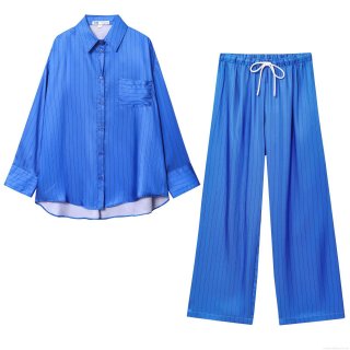 Women's Casual Satin Striped Two Piece Set Long Sleeve Button Down Shirt And High Waist Wide Leg Pants Loose Lounge Tracksuit Outfits