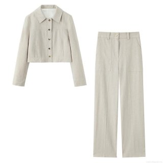 Women Two Piece Pants Set Cotton Linen Texture Herringbone Crop Jacket and High Waist Wide Leg Straight Trousers Elegant Casual Streetwear Outfit Suit