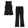Women's Elegant Two Piece Set Sleeveless Vest and Flared Pants Suit with Heart Buckle Belt Gold Buttons Polyester Blend Formal Office Streetwear Casual Outfit Black