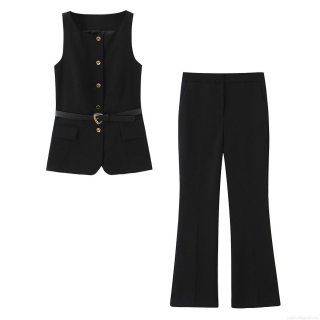 Women's Elegant Two Piece Set Sleeveless Vest and Flared Pants Suit with Heart Buckle Belt Gold Buttons Polyester Blend Formal Office Streetwear Casual Outfit Black