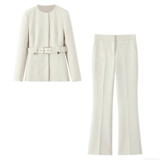 Women's Elegant 2-Piece Blazer and Flared Pants Set Slim Fit Collarless Round Neck Top With Metal Buckle Belt Office Lady Solid Color Polyester Woven Suit Outfit