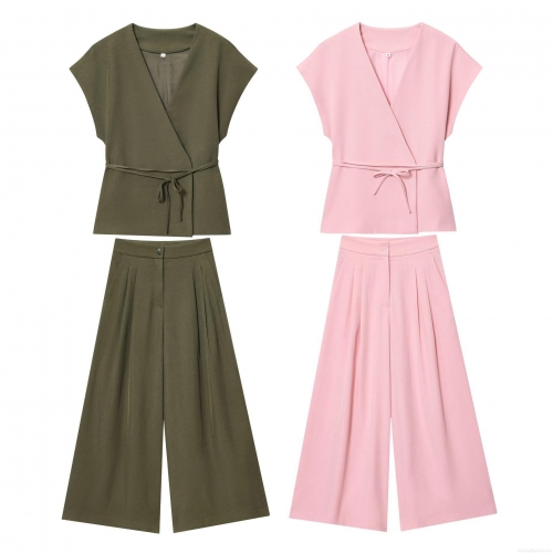 Women's 2 Piece Outfits V Neck Wrap Tie Waist Sleeveless Top And High Waist Wide Leg Pants Solid Color Casual Streetwear Suits
