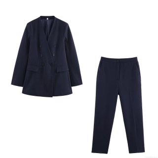 Women's Navy Blue Professional Suits Double Breasted Blazer And High Waist Straight Leg Pants Set For Office Business Formal Occasions