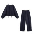 Women's Two Piece Denim Set Long Sleeve Drawstring Cropped Bomber Jacket And High Waist Wide Leg Pants Set Cotton Blend Casual Streetwear Co-ords