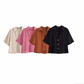 Women's Casual 2 Piece Outfits Crinkled Texture Short Sleeve Button Shirt and Wide Leg Pants Set Solid Color Summer Vacation Streetwear Lounge Set