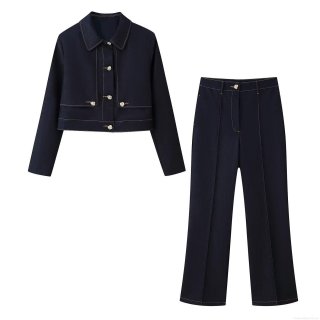 Women's Fashion Two-Piece Set Contrast Stitching Short Jacket And High Waist Straight Leg Trousers Deep Blue Streetwear Outfits With Gold Flower Buttons