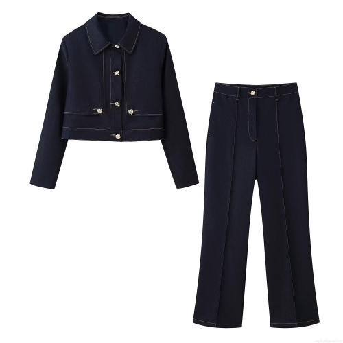Women's Fashion Two-Piece Set Contrast Stitching Short Jacket And High Waist Straight Leg Trousers Deep Blue Streetwear Outfits With Gold Flower Buttons