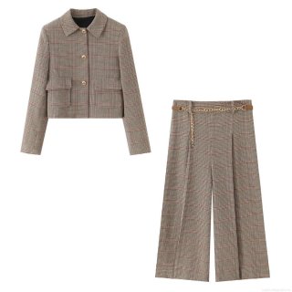 Women Elegant Houndstooth Plaid Blazer Pants Set Short Jacket And High Waist Wide Leg Trousers With Chain Belt Autumn Casual 2-Piece Suit