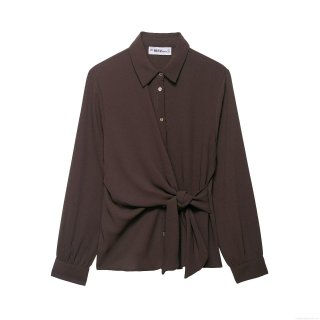 Women's Two Piece Pants Set Long Sleeve Tie Front Crepe Shirt and High Waist Wide Leg Trousers Casual Solid Color Autumn Outfits