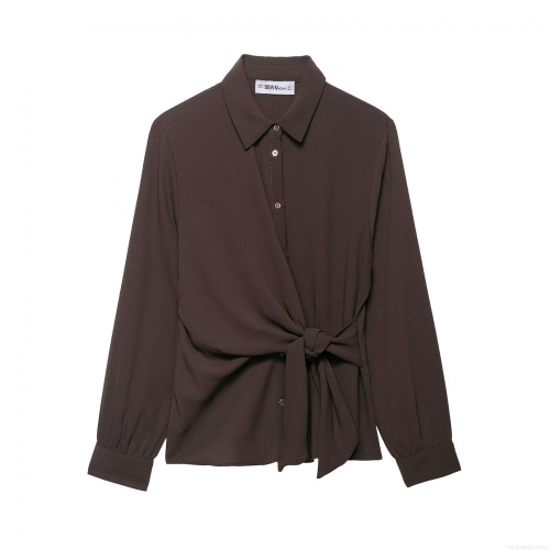 Women's Two Piece Pants Set Long Sleeve Tie Front Crepe Shirt and High Waist Wide Leg Trousers Casual Solid Color Autumn Outfits