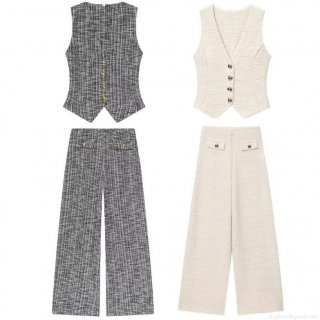 Women's Two Piece Tweed Outfit Sleeveless V Neck Vest With Gold Buttons And High Waist Wide Leg Pants Elegant Casual Office Sets Streetwear