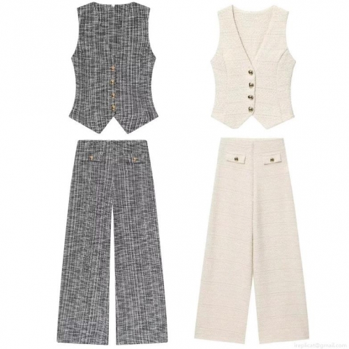 Women's Two Piece Tweed Outfit Sleeveless V Neck Vest With Gold Buttons And High Waist Wide Leg Pants Elegant Casual Office Sets Streetwear