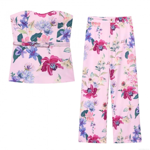 Women's Floral Print Strapless Tube Top and High Waist Wide Leg Pants Two-Piece Set with Belt Casual Summer Vacation Outfits